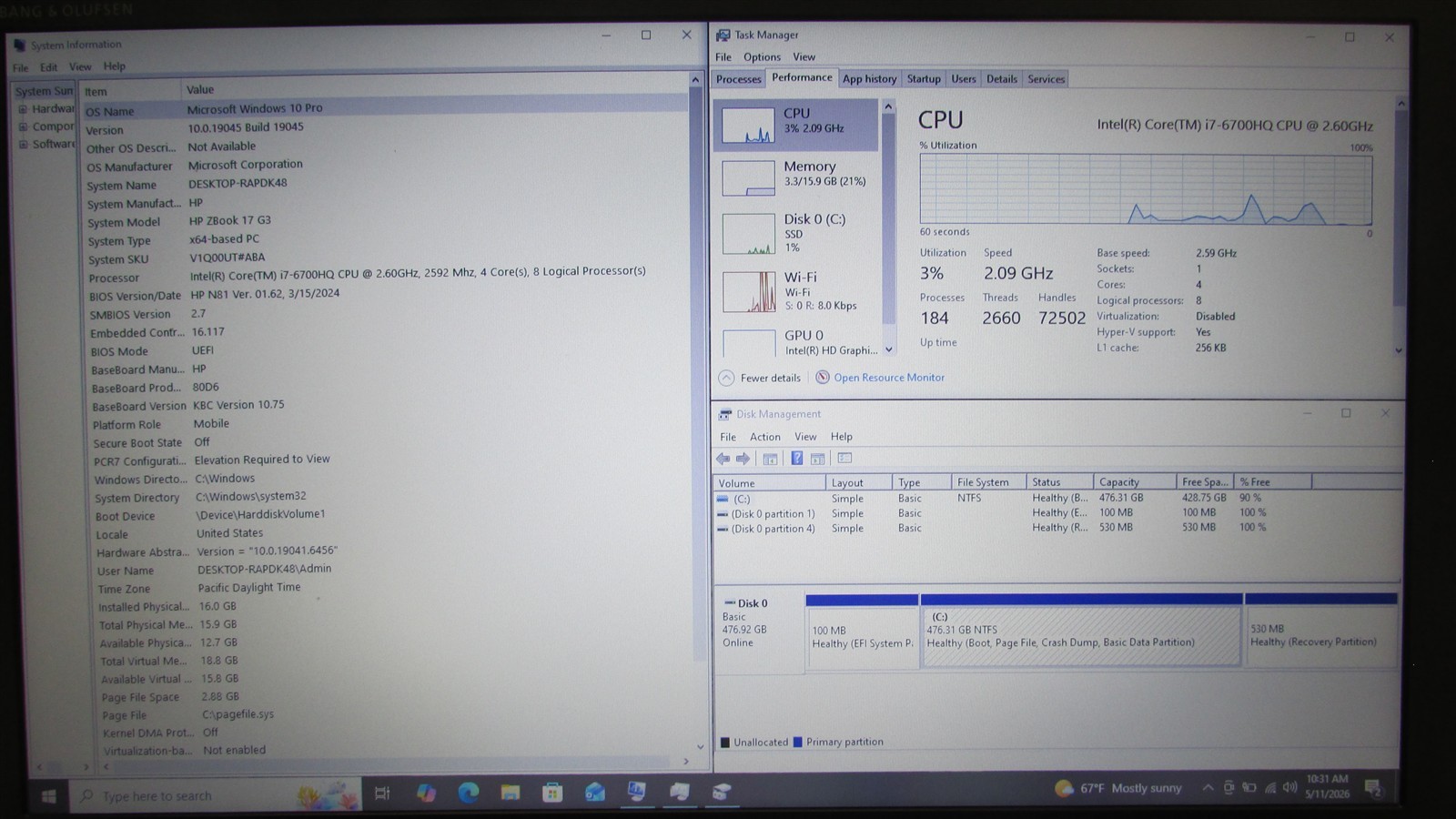HP ZBook 17 G3 i7-6700HQ 2.6GHz 16GB RAM 512GB m.2 17″ Windows 10 Pro NO BAT