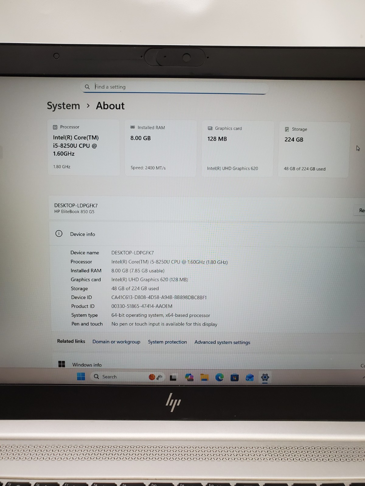 HP EliteBook 850 G5 Core i5-8250U @ 1.60GHz 8GB RAM 256GB SSD Windows 11 Pro