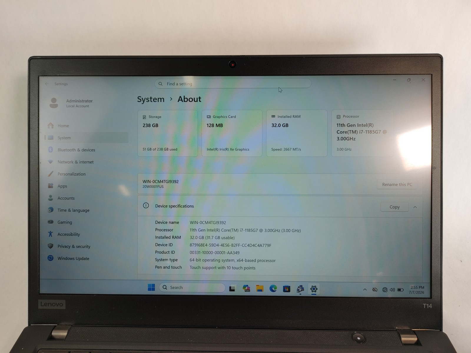 Lenovo ThinkPad T14 Gen 2 Core i7-1185G7 3.00 GHz 32 GB DDR4 256 GB NVMe Windows