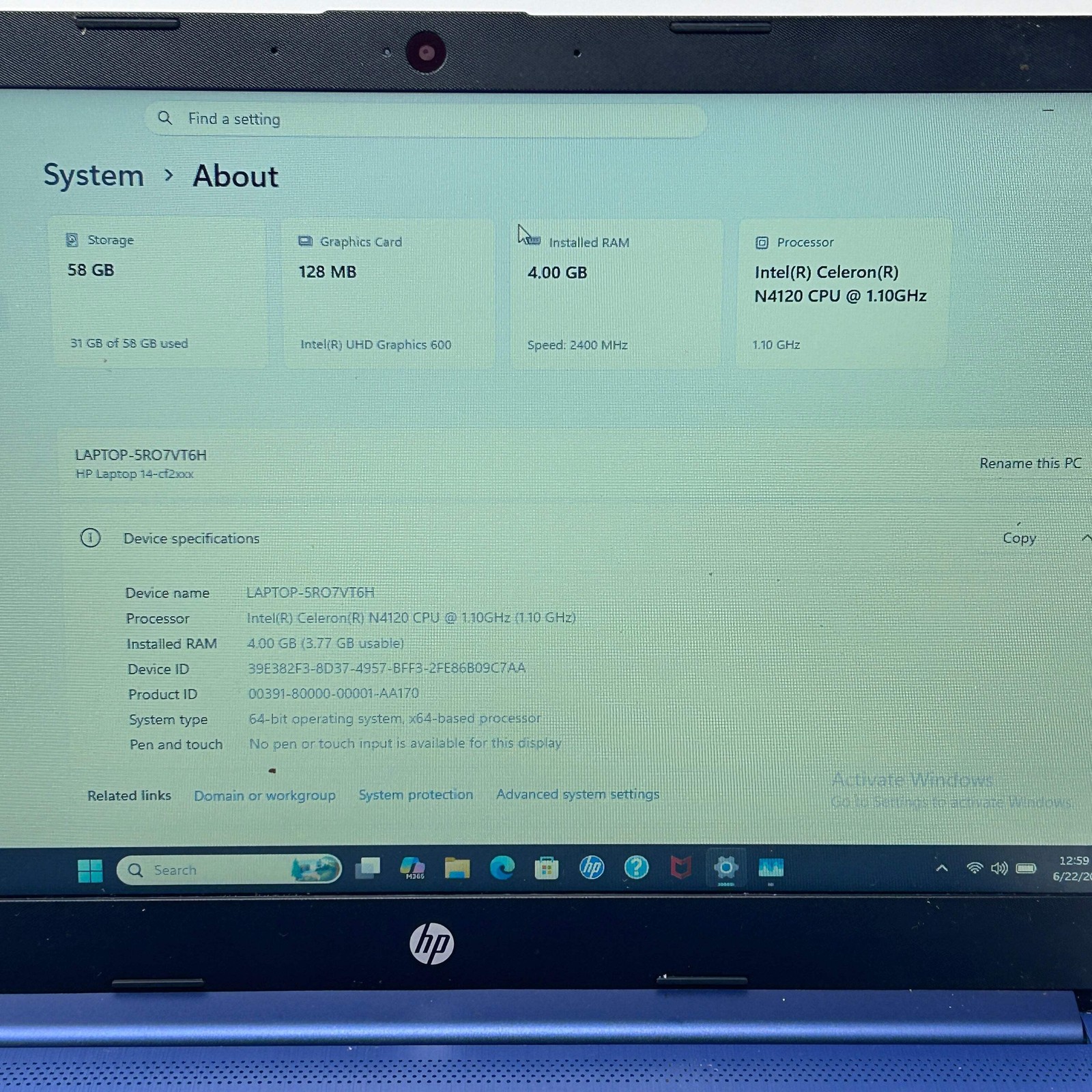 HP Laptop 14-CF2111WM Celeron N4120 1.10Ghz 8GB RAM 64GB SD(SD)