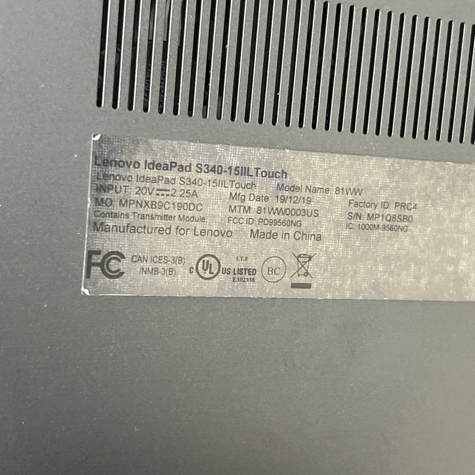 Lenovo IdeaPad S340-IIL Touch i3-1005G1 8GB Ram 256GB – Fair *For Parts, Read*
