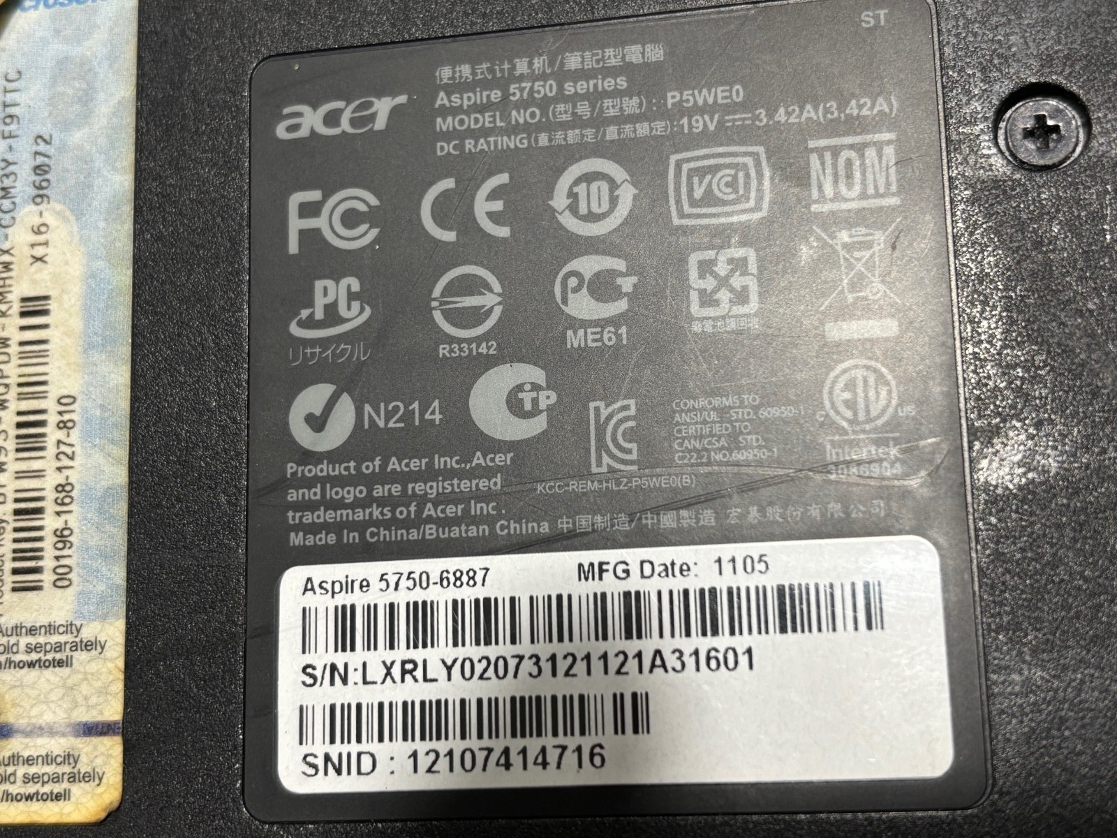 ACER Aspire 5750-7638 15.5 inch used laptop for parts/repair has HDD