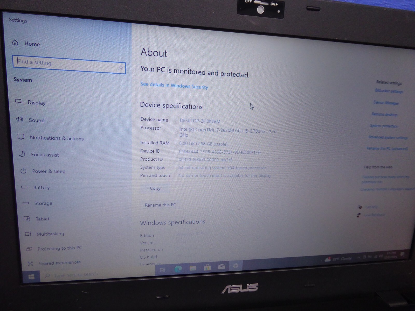 ASUS B43S 16″ ASUSPRO ITEL i7-2620M 2.7GHz 8GB 500GB WINDOWS 10 PRO – NO BATTERY