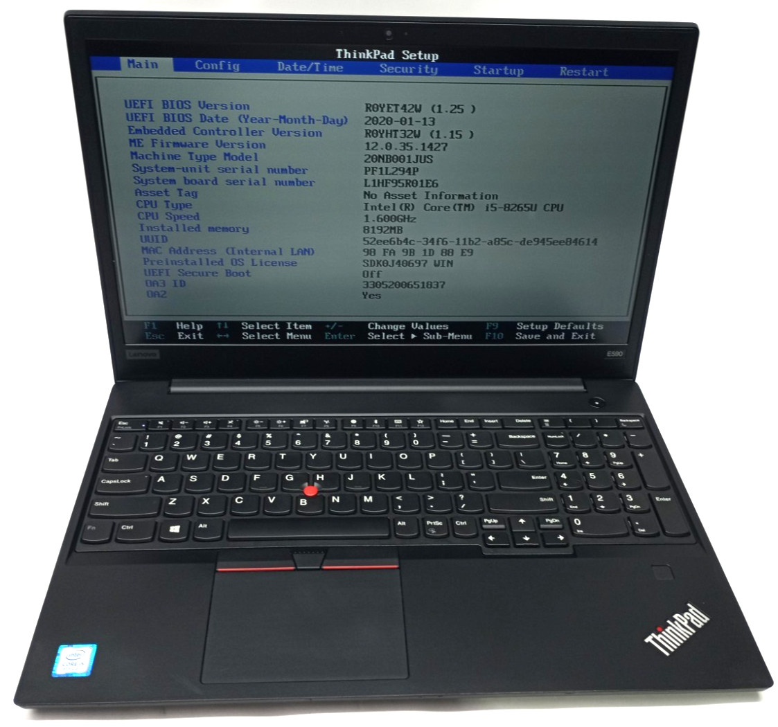 Lenovo ThinkPad E590 15.6″ i5-8265U@1.6GHz 8GB RAM 256GB NVMe Win 11 Pro MC758*!