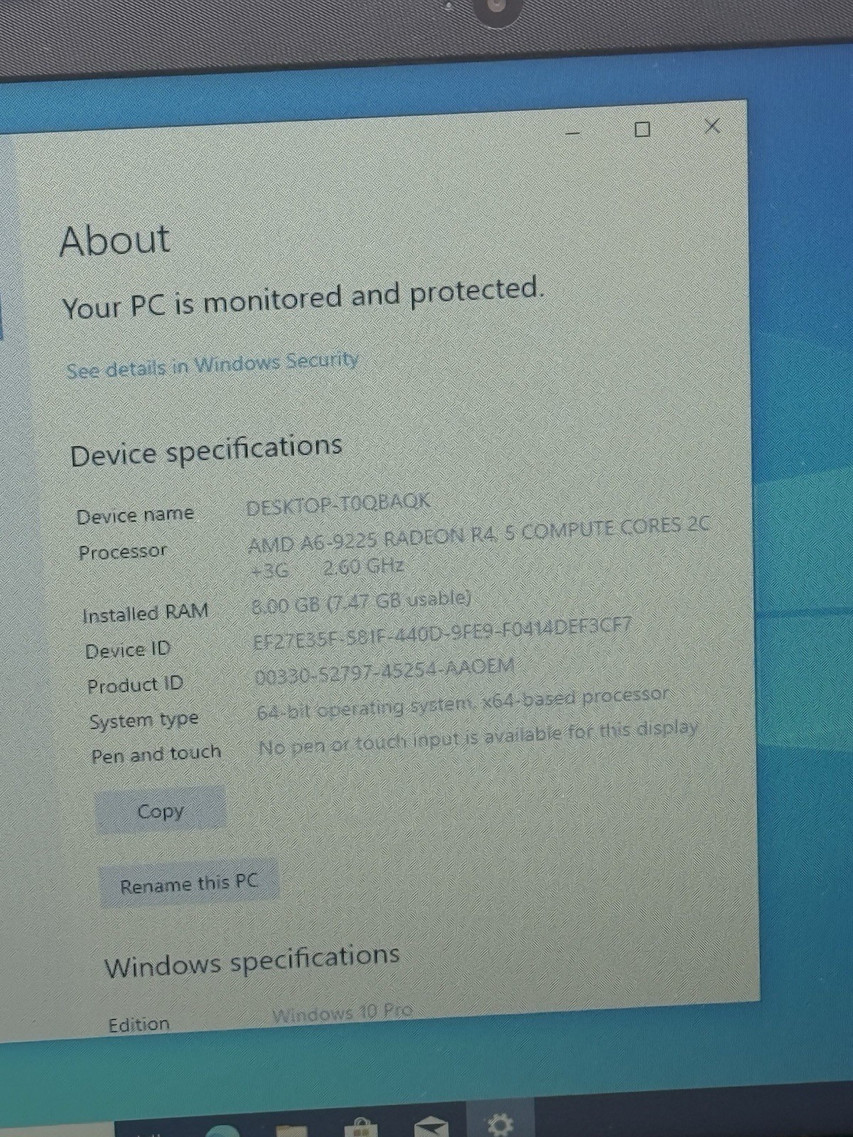 HP 255 G7 15.6” Laptop AMD A6-9225 8GB RAM 128GB SSD Win10P