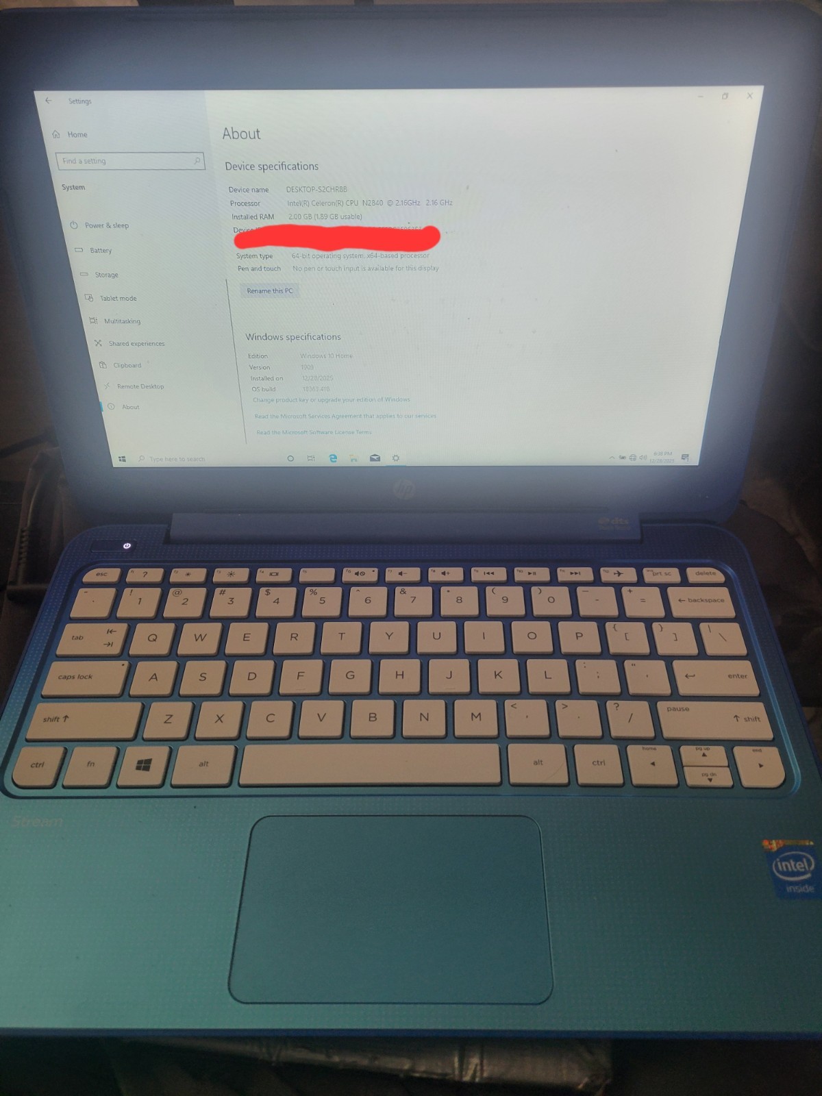 HP Stream Notebook PC 11 Celeron N2840 CPU 2.16 GHz 2GB RAM 30GB HDD WIN 10 HOME