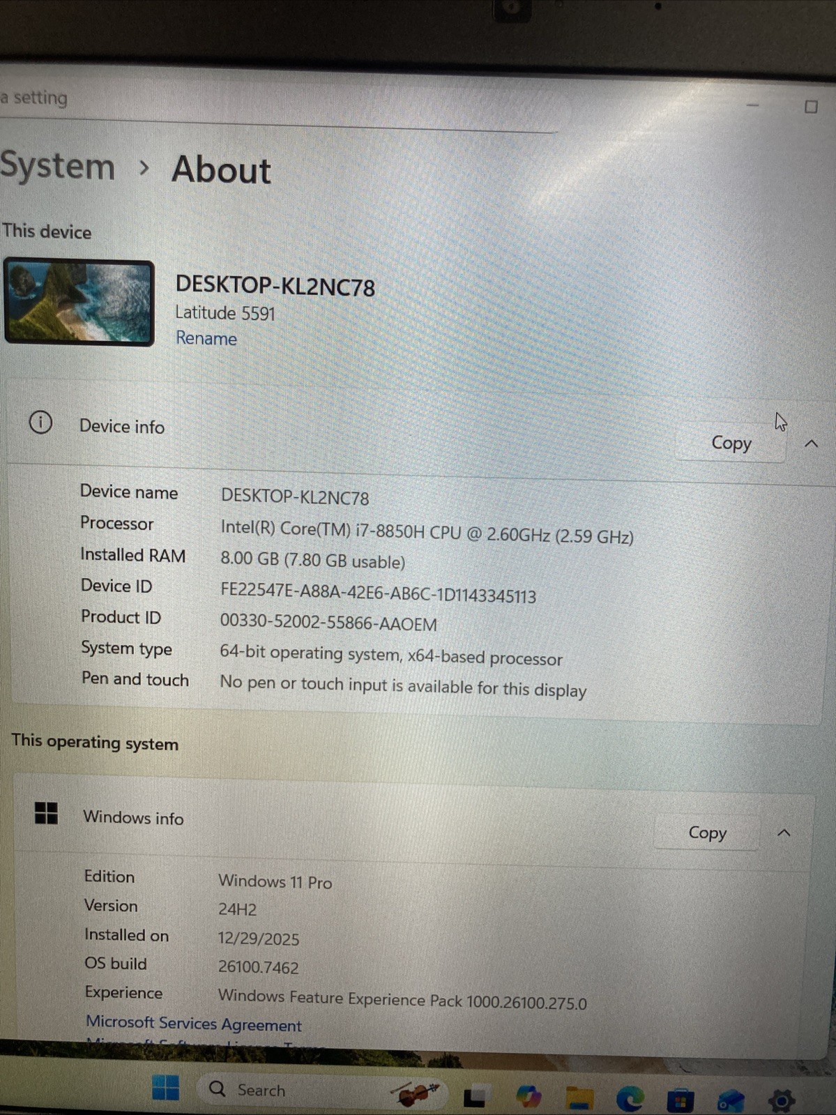 Dell Latitude 5591 i7-8850H 2.60 GHz 8Gb SSD 256Gb