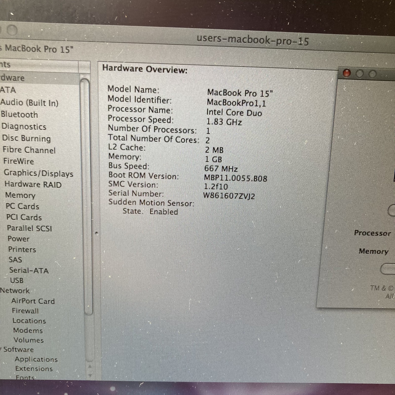 Apple MacBook Pro 15” A1150 Intel Core Duo 1.83GHz 1GB RAM 80GB HDD No Battery