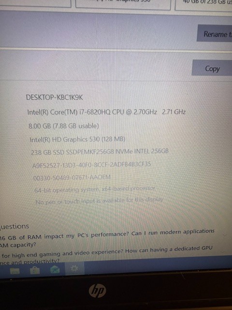 HP ProBook 650 G2 i7-6820HQ 256GB SSD 8GB RAM (No Charger Included)