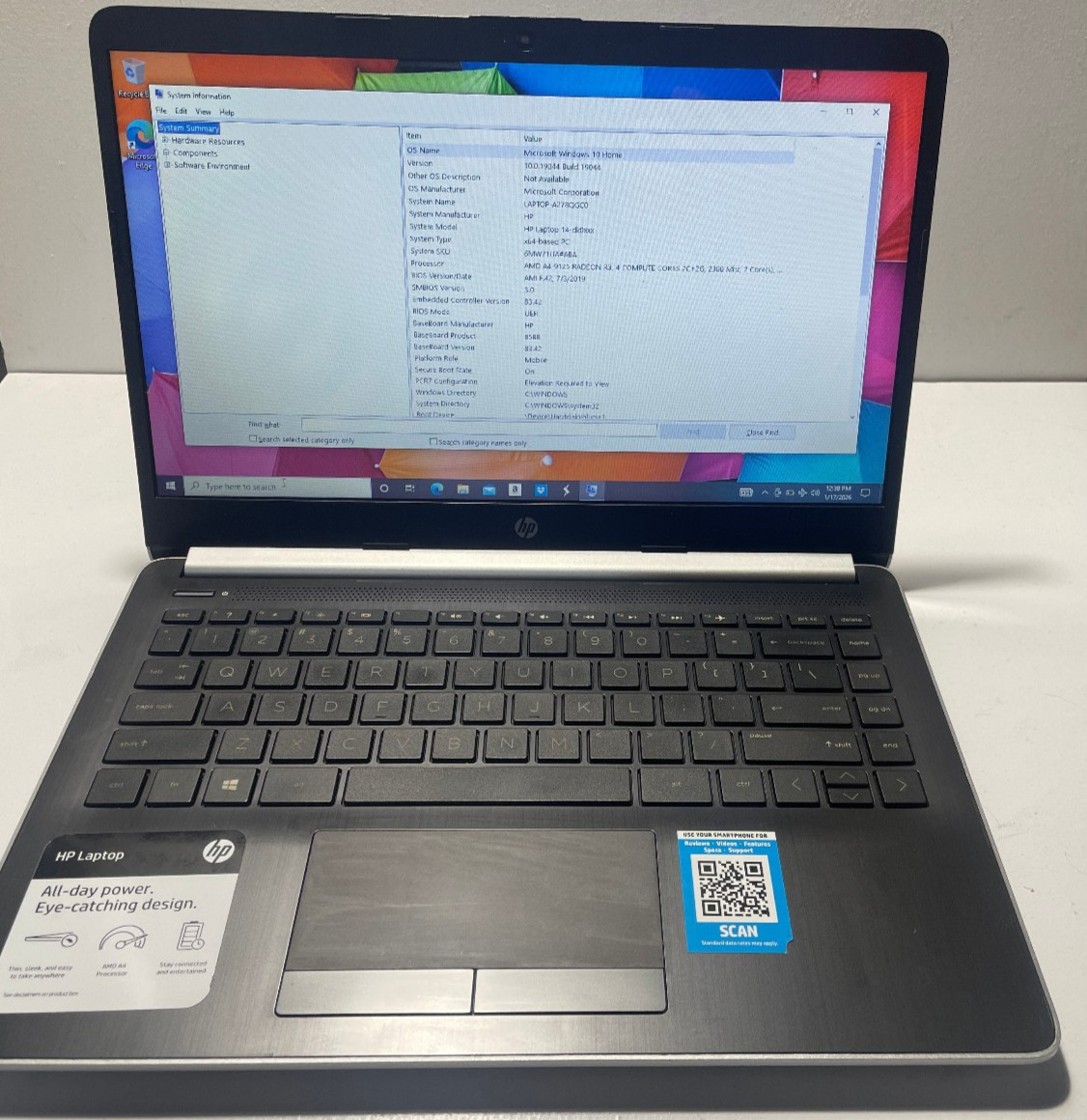 HP Notebook Laptop, 14″ Silver AMD A4-9125, 64 GB SSD, 4 GB RAM P/N 14-dk0053od