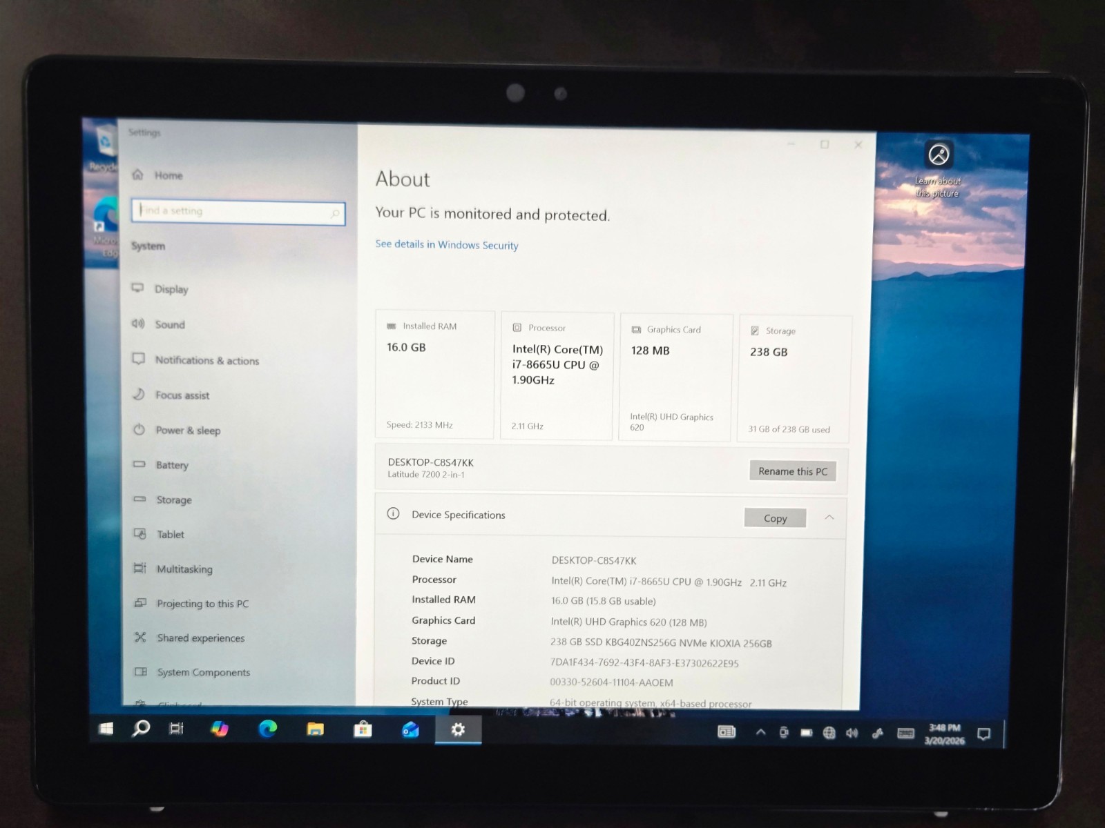 Dell Latitude 7200 Tablet – 1.9 GHz i7-8665U 16GB 256GB 12.3″ Touchscreen