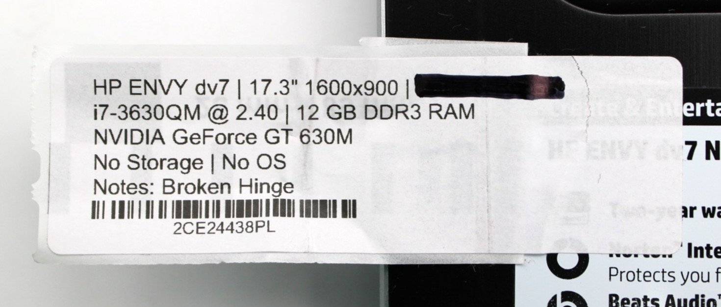 HP ENVY DV7 i7-3630QM@2.4GHz 12GB DDR3 NO STORAGE OR OS *USED/TESTED*