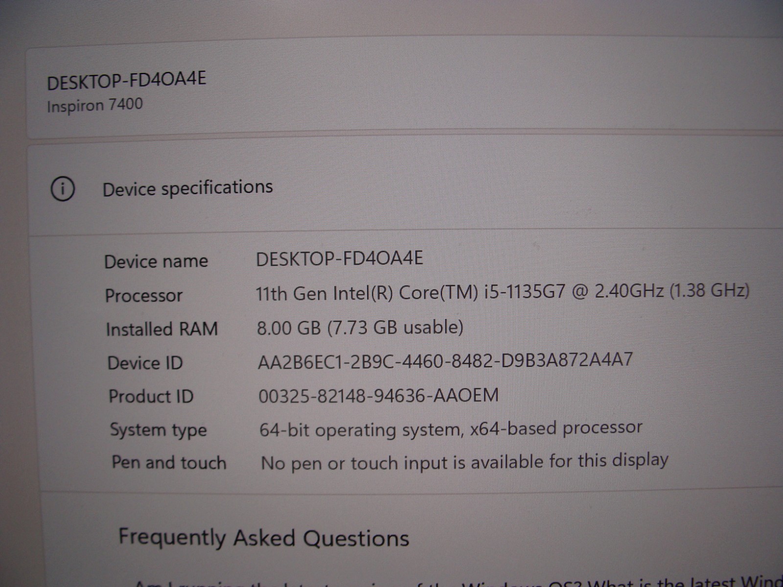Dell INSPIRON 7400 14.5″ QHD core i5-1135G7 2.4GHz 8GB RAM 256GB SSD Win 11 Home