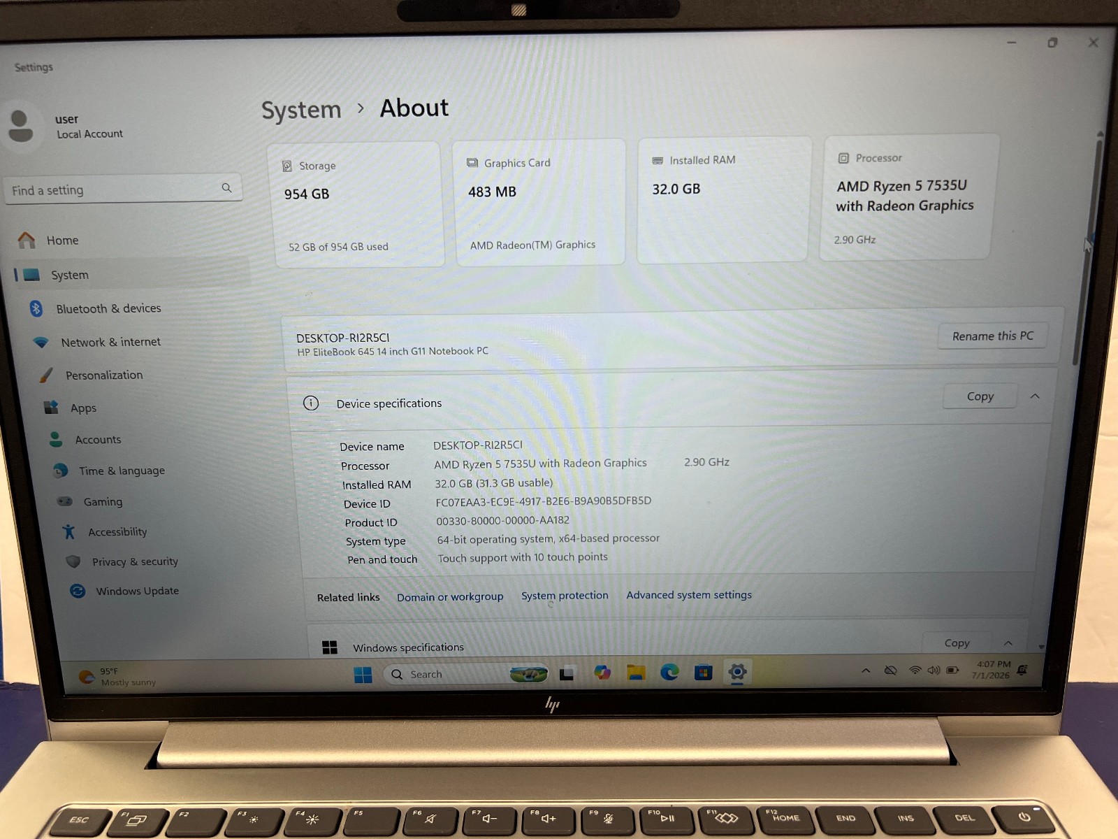 HP EliteBook 645 G11 / Ryzen 5 7535U 32GB/1TB