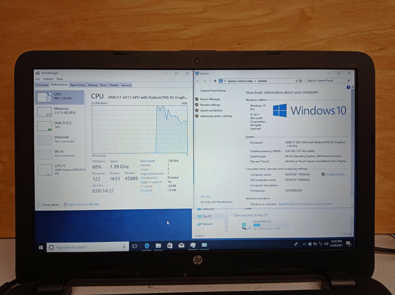 HP 255 G4 AMD E1-6015 APU 1.4 GHz 8 GB RAM 128 GB SSD 15.6″ Win10 *Read