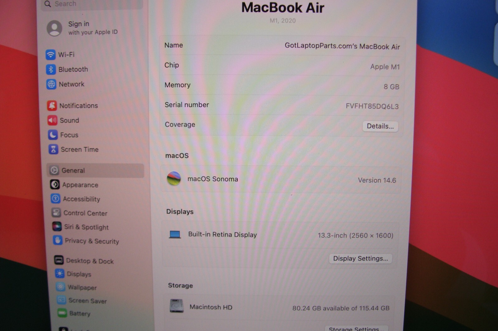 Apple MacBook Air A2337 13.3″ M1 2020 8CPU/7GPU 8GB 128GB MGN63LL/A +Charger