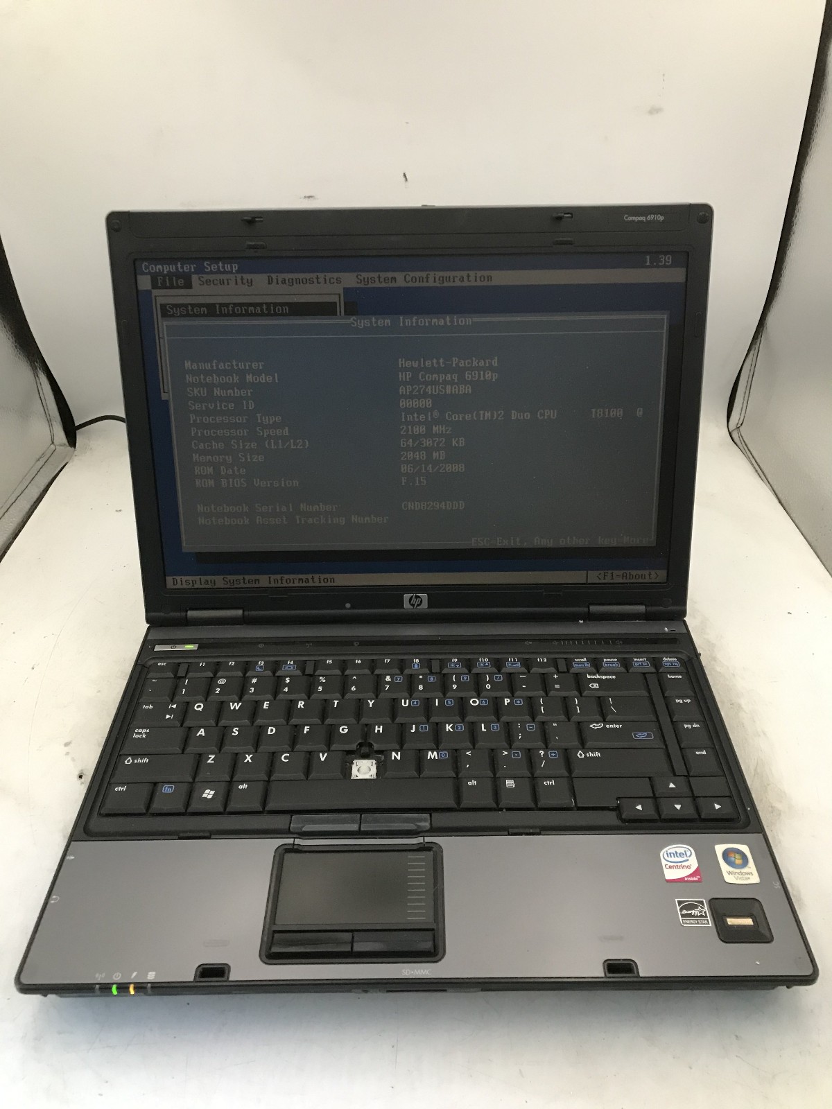 HP COMPAQ 6910P – BOOTS TO BIOS – INTEL 2 DUO T8100 – 2GB RAM – READ DESC – BB