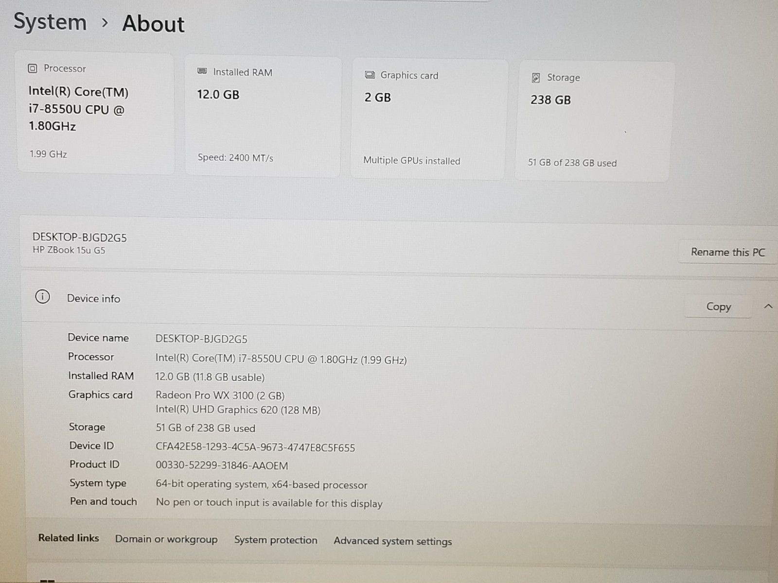 HP Zbook 15u G5 15.6″ Laptop i7-8550U, 12GB RAM 256GB SSD PRO WX 3100 WIN 11 PRO