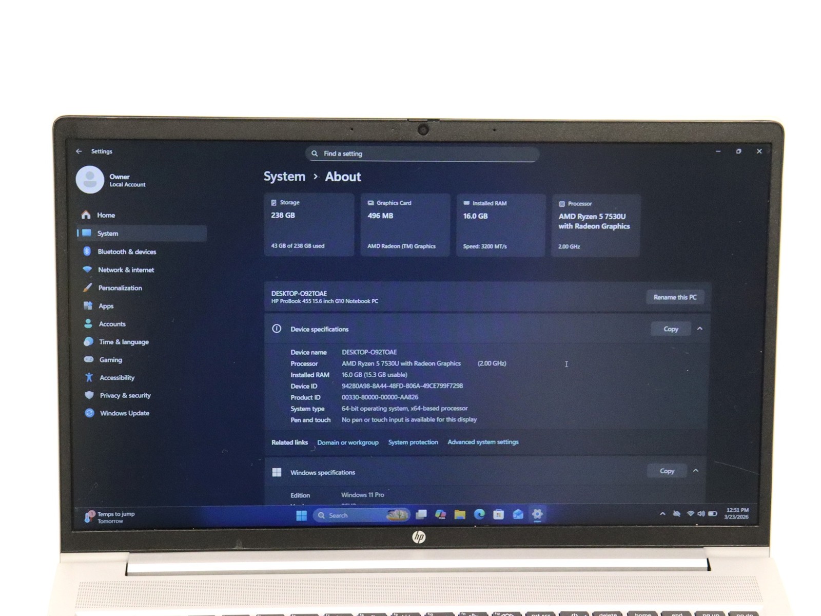 HP ProBook 455 G10 15.6″ Touch Ryzen 5 7530U 16GB 256GB NVMe Win 11 Pro