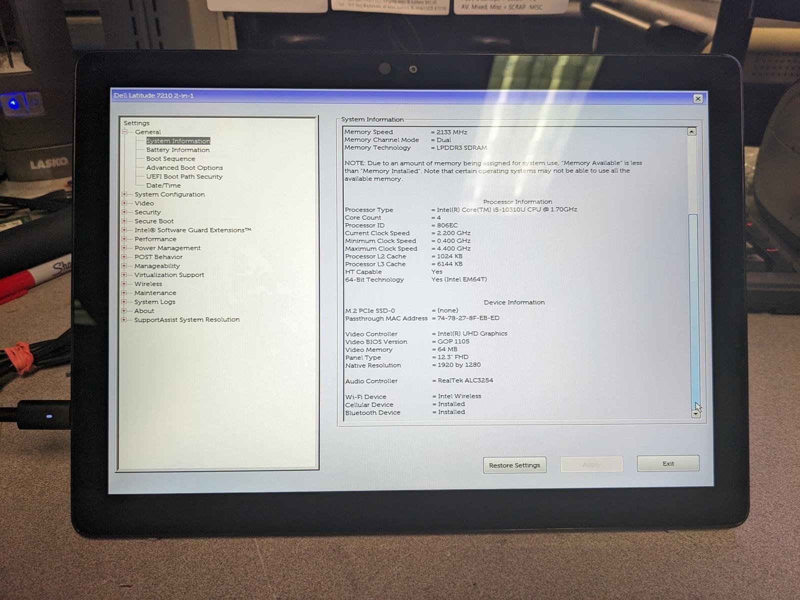 DELL LATITUDE 7210 2-IN-1 i5-10310U @ 1.70GHz, 8GB RAM, NO HDD/OS