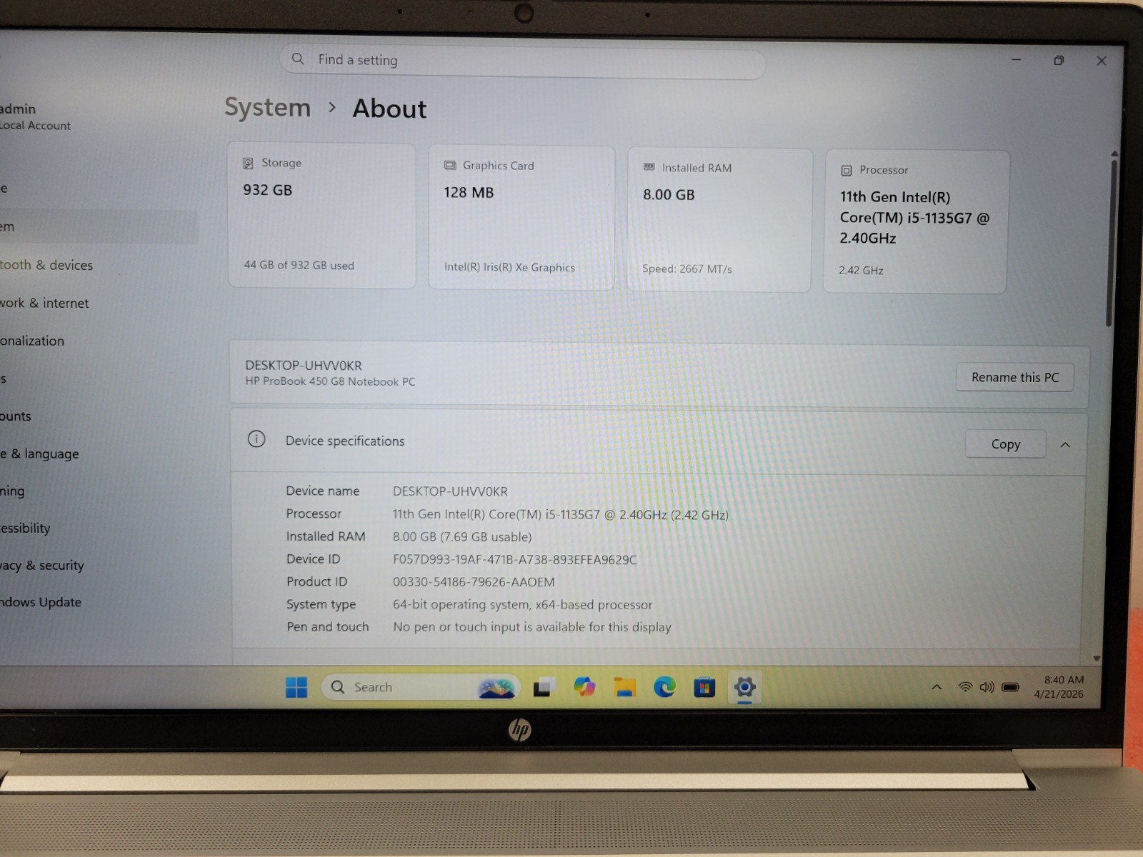 HP ProBook 450 G8 15.5″ i5-1135G7 8GB RAM 1TB SSD Win 11 Pro *Read* | C726