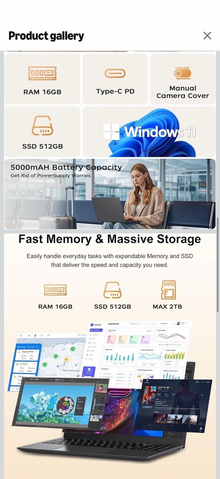 BLUEING 15.6″ FHD Laptop Win 11 Intel 6500Y 16GB 512GB SSD Gray