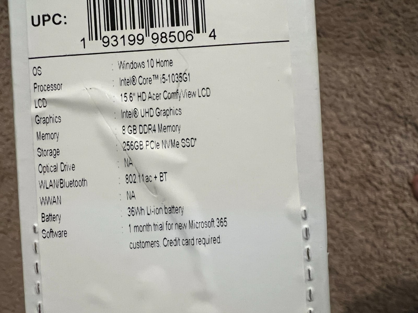 Acer Aspire 3 15.6” 256GB SSD, Intel Core i5-1035G1, 1.0GHz, 8GB RAM Laptop New