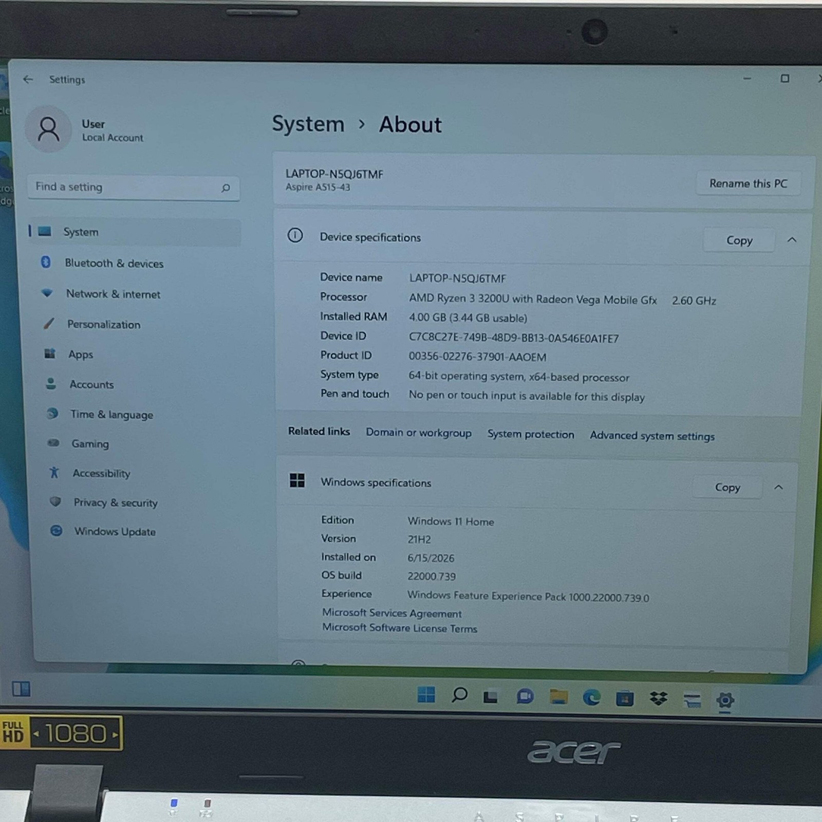 Broken Acer Aspire 5 A515-43 15.6″ Ryzen 3 3200U 2.6GHz 4GB RAM 128GB SSD READ
