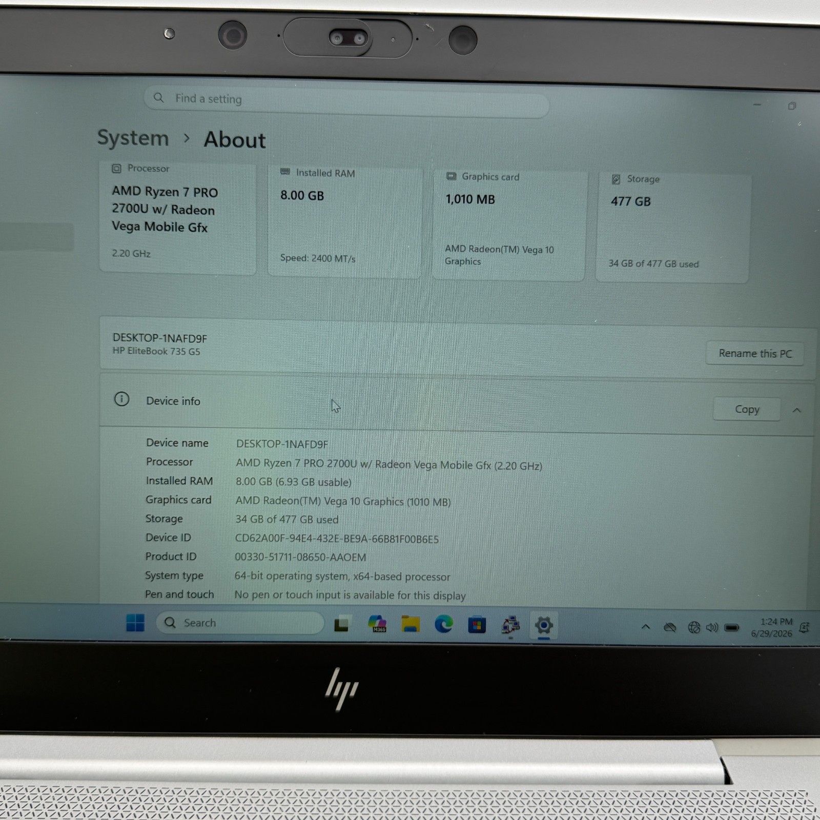 HP EliteBook 735 G5 13.3″ Ryzen 7 Pro 2700U 8GB 512GB SSD Win 11 Pro Good