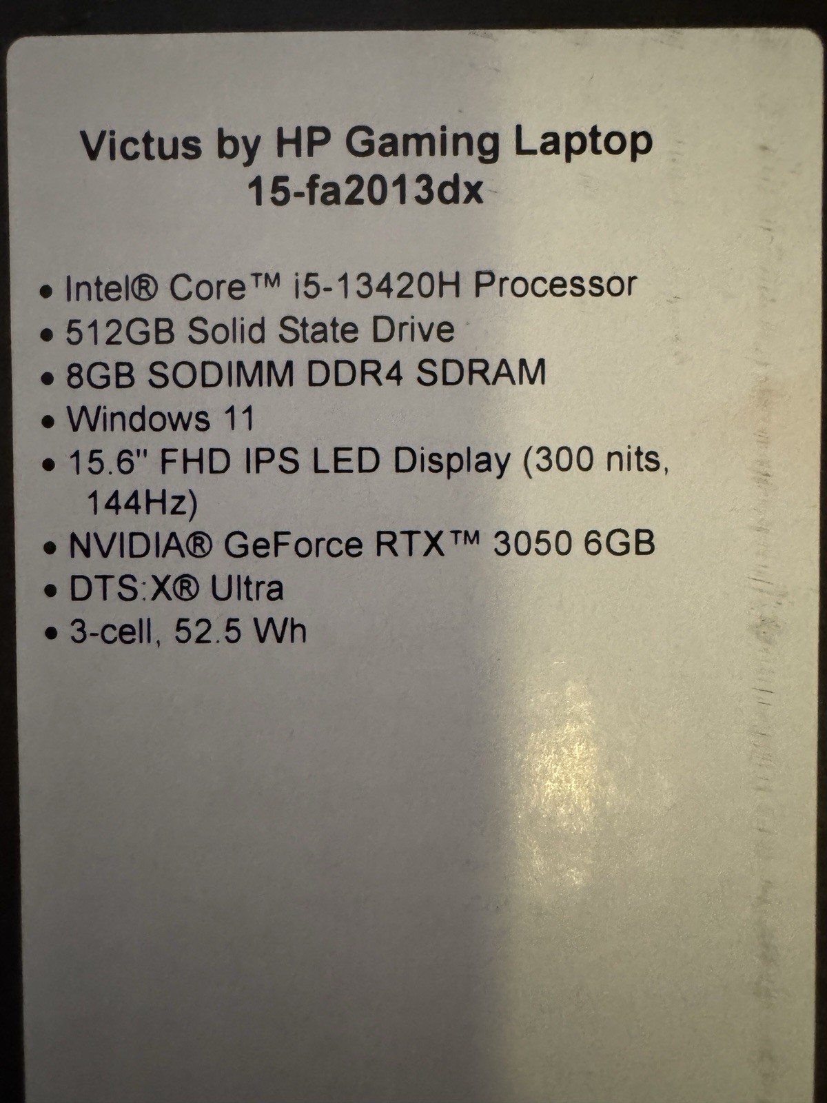 HP Victus 15-fa2013dx 15.6″ IPS i5-13420H 8GB 512GB SSD RTX 3050 W11