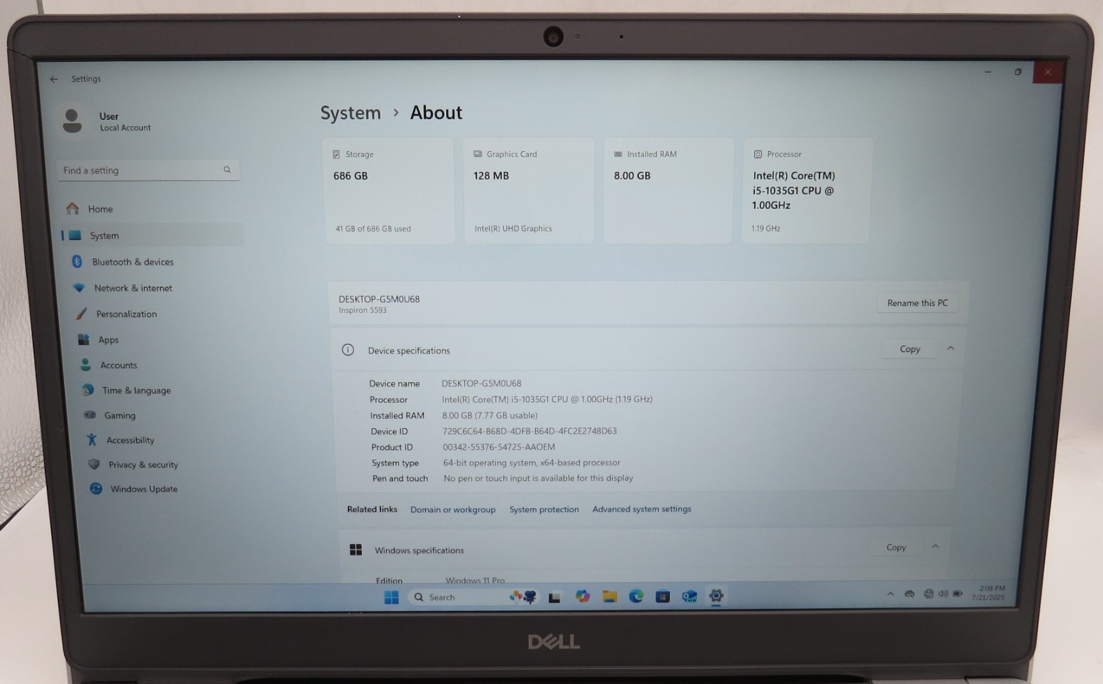 Dell Inspiron 5593-i5-1035G1@1.0GHz-8GB RAM-480GB 2.5+256GB M.2-WIN11PRO *READ*