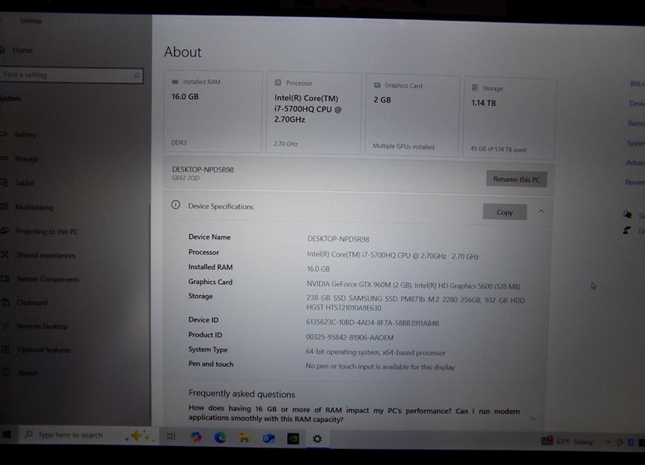 MSI GE62 2QD Apache i7 15.6″ 1TB +256GB 16GB Win10 ****Gaming PC Laptop Computer