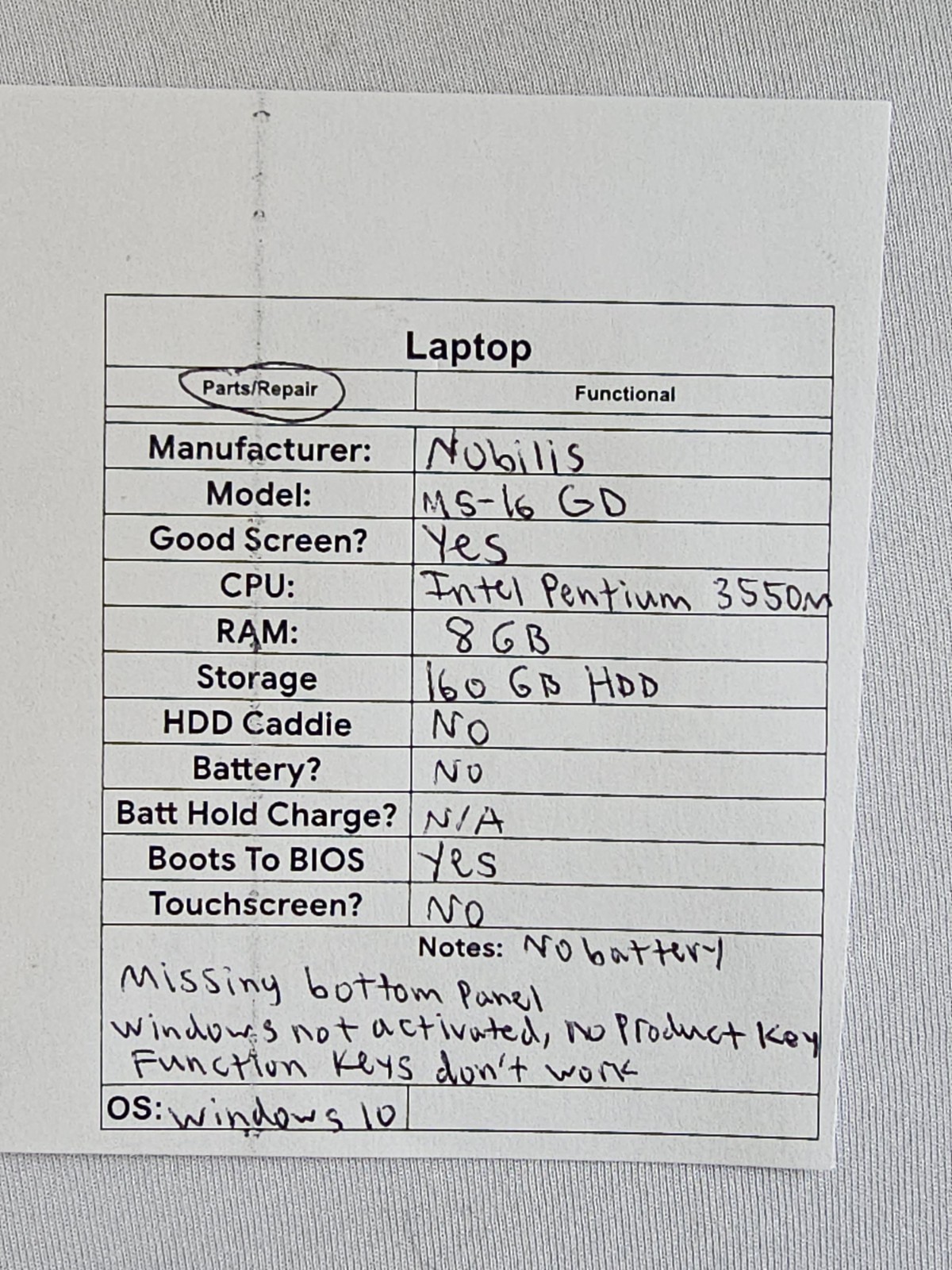 Nobilis MS-16GD Laptop – Intel Pentium 3550m – NO BATT – Parts/Repair – READ