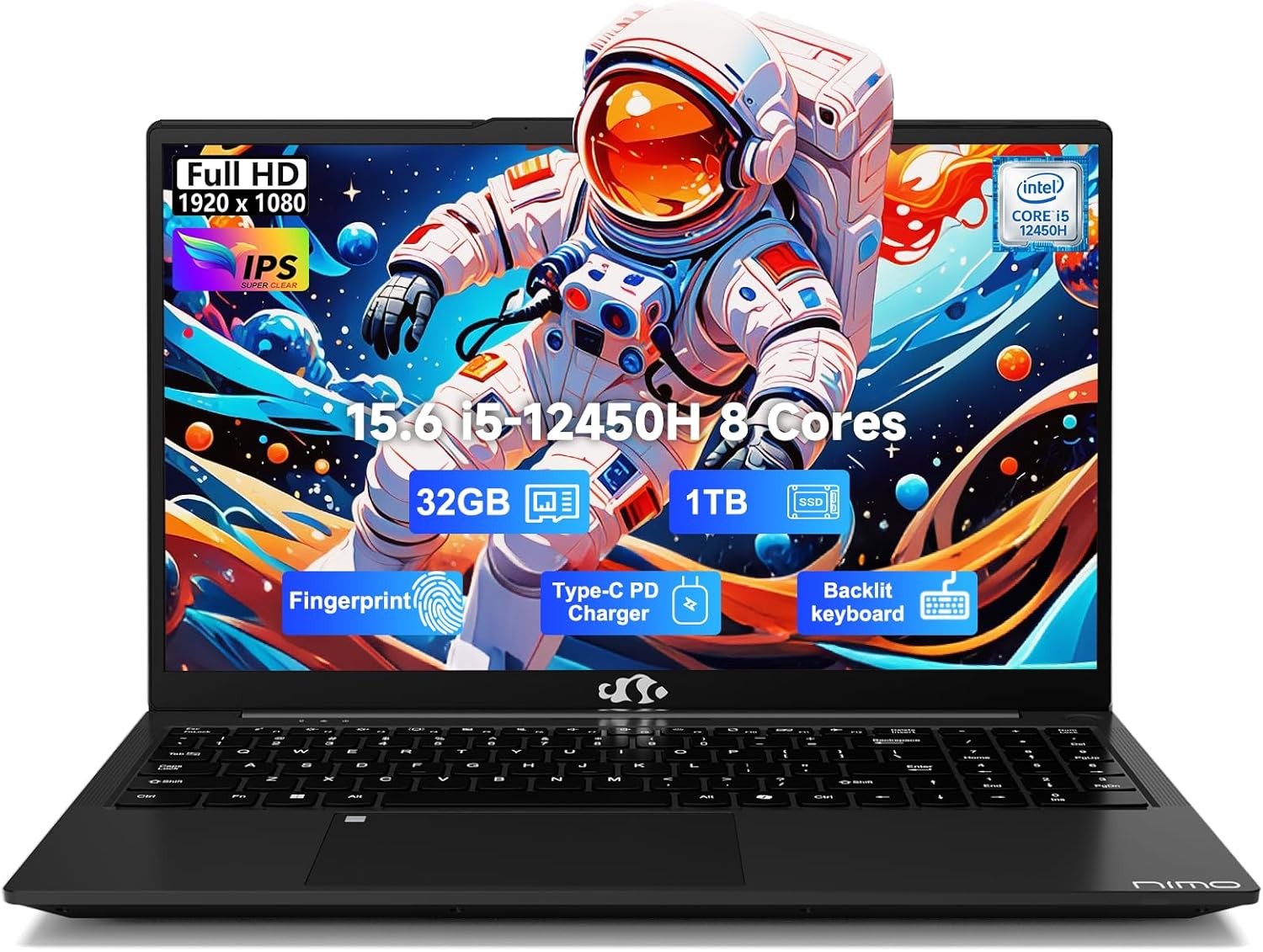 NIMO 15.6″ FHD-IPS Laptop 8 Cores Intel i5-12450H 32GB RAM 1TB SSD 100W Type-C