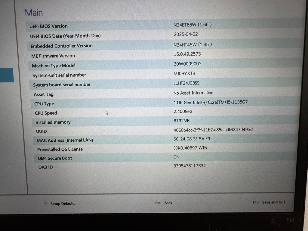 Lenovo ThinkPad T14 Gen 2 Laptop Intel Core i5-1135G7 8GB RAM – No SSD