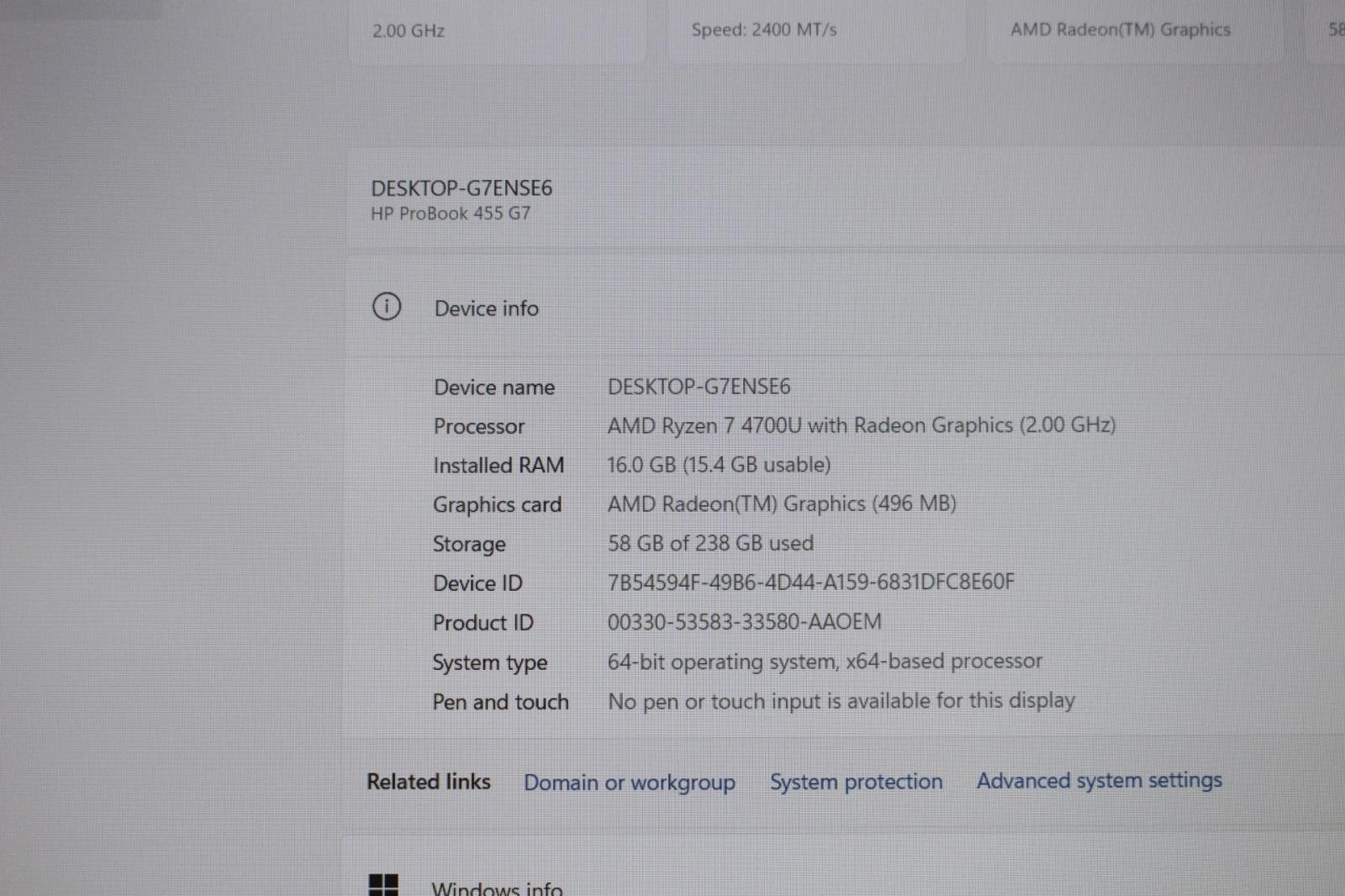 HP ProBook 455 G7 15.6″ Ryzen 7 4700U 16GB RAM 256GB SSD Windows 11 Pro