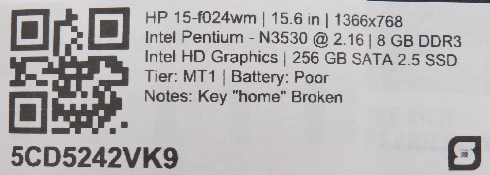 HP 15-f024wm | N3530 @ 2.16GHz | 8GB DDR3 | 256GB 2.5″ SATA SSD | No OS