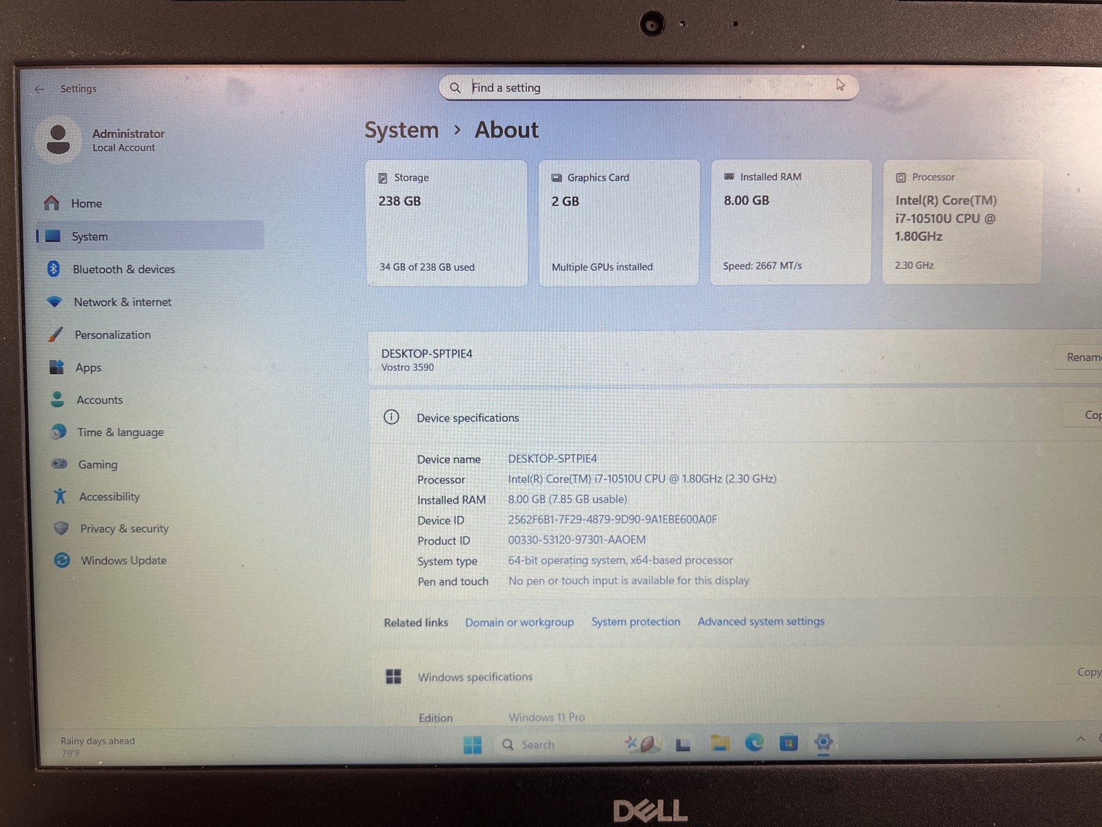 Dell Vostro 3590 Intel Core i7-10510U 8 GB 256GB SSD 15.6″
