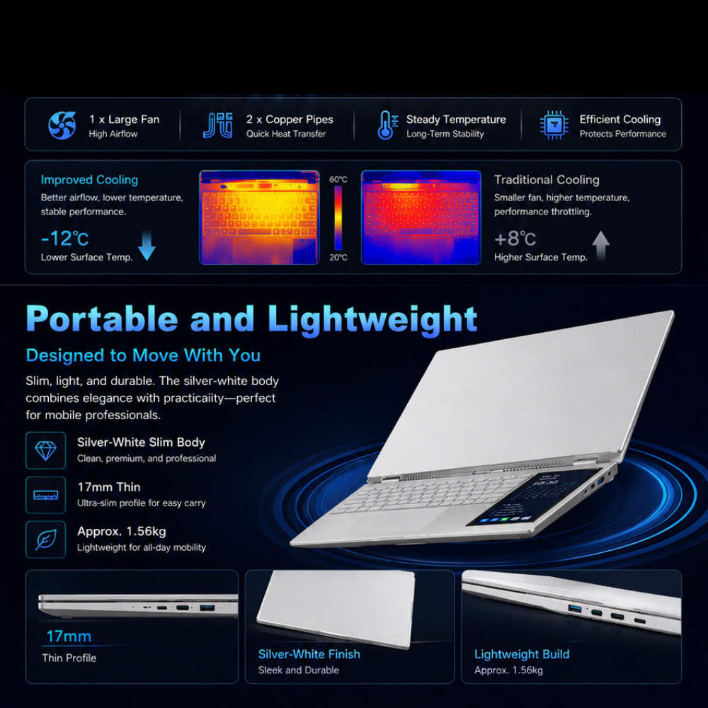 15.6″+7″Dual‑Screen Laptop Intel N150 16GB DDR4 Backlit Keyboard Face ID 5000mAh