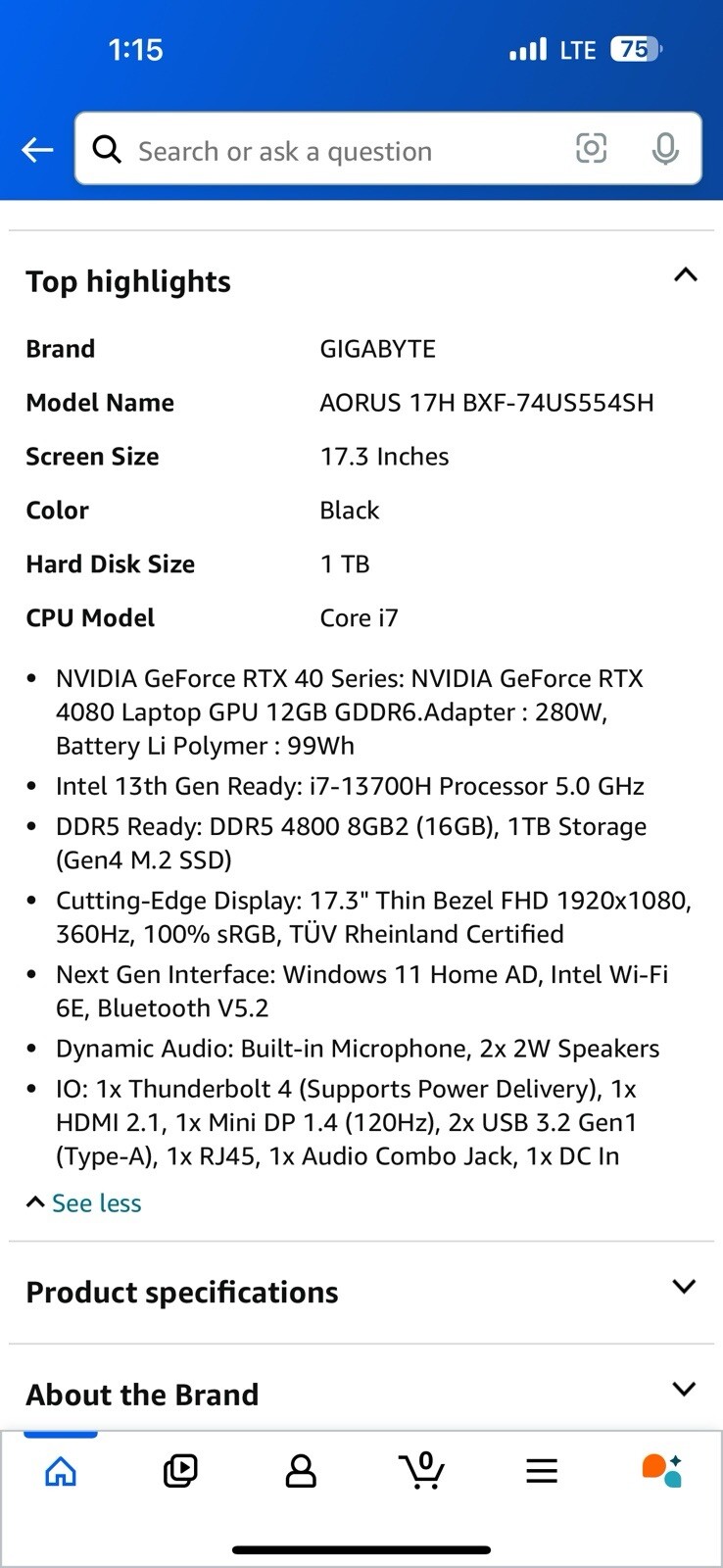 GIGABYTE AORUS 17 17.3″ (1 TB SSD, Intel Core i7 12th Gen., 4.70 GHz, 16 GB) Lap