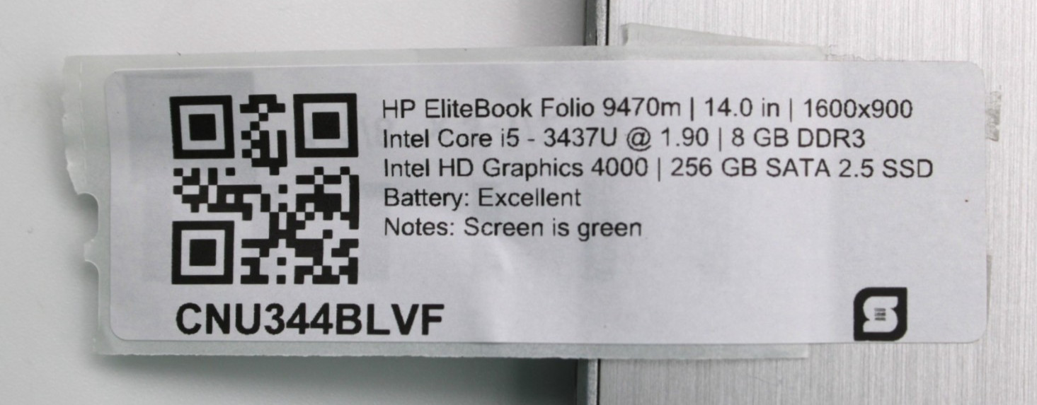 HP EliteBook Folio 9470m i5-3437U@1.9GHz 8GB DDR3 256GB SATA NO OS *USED/TESTED*
