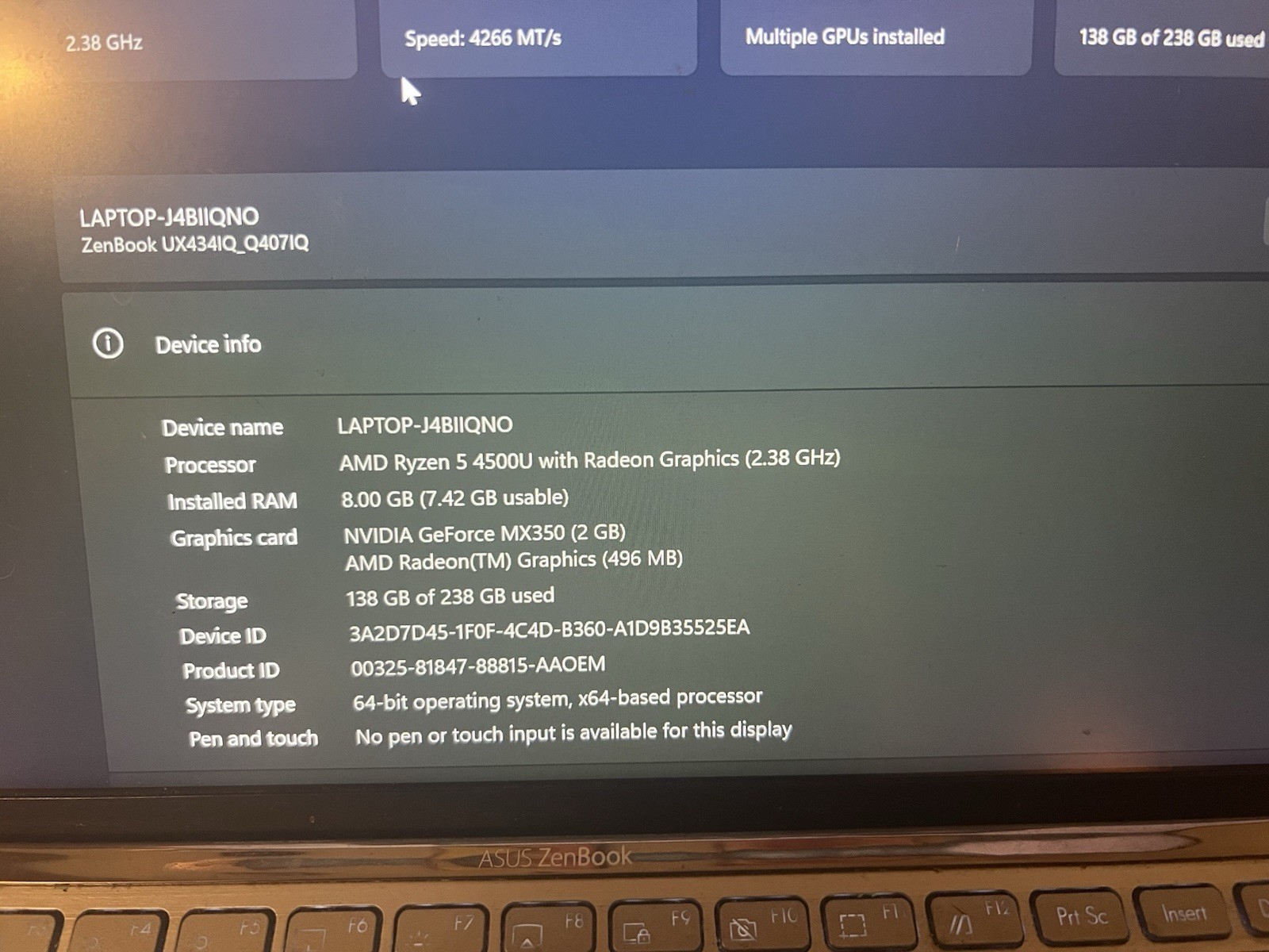 ASUS Zenbook 14 Laptop Ryzen 5 8GBRAM GEFORCE MX350 256GB SSD (Missing A&S Keys)