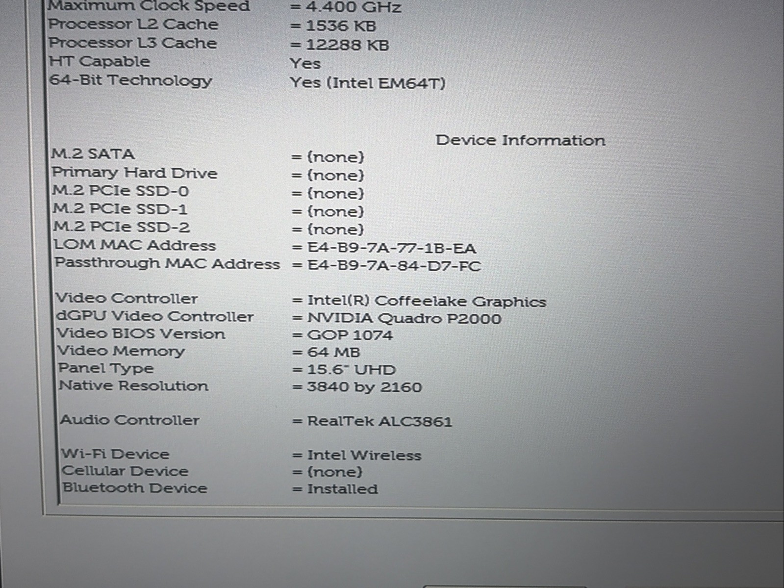 Dell Precision 7530 15.6″ UHD E-2176M 32GB RAM 256GB SSD Quadro P2000 No OS