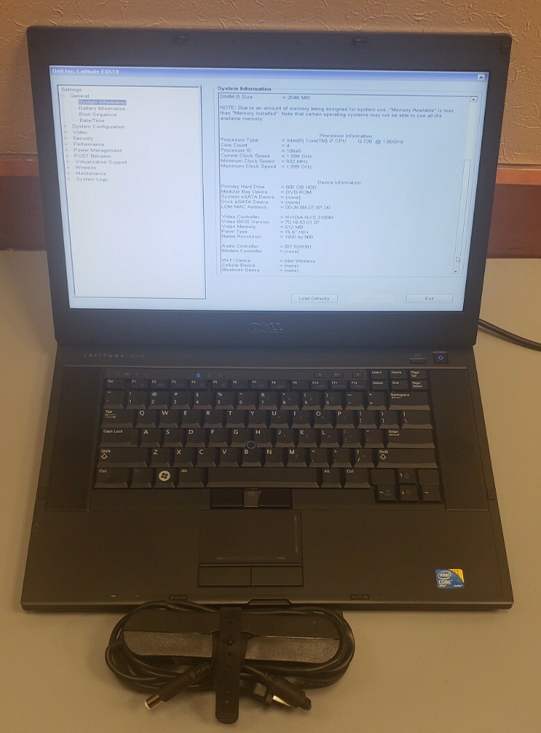Dell Latitude E6510 Core i7 Q720 6GB RAM 500GB HDD NVIDIA 1600×900 Core Count=4