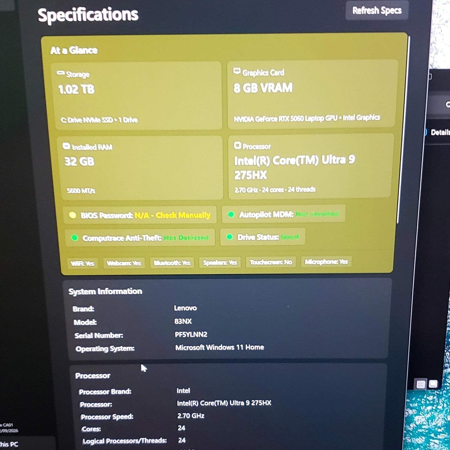 Lenovo Legion 5i Gen 15.1 Core Ultra 9 275HX 270 32GB 1TB SSD GeForce RTX 5060