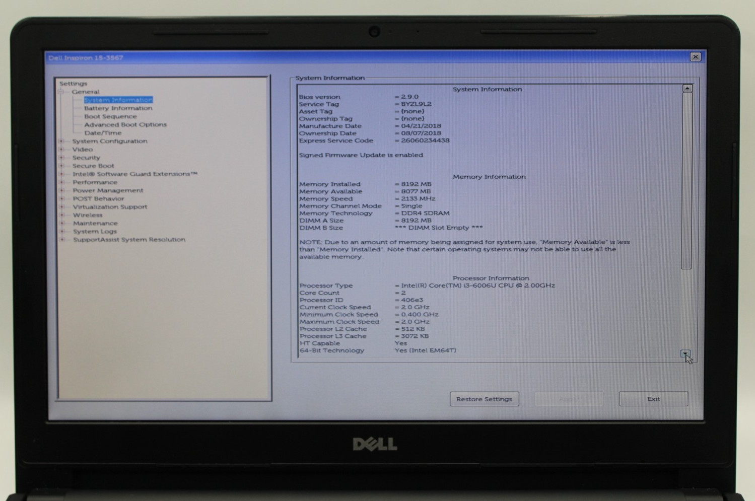 Dell Inspiron 15 3572 i3-6006U@2.0GHz 8GB DDR4 NO STORAGE/OS *USED/TESTED*