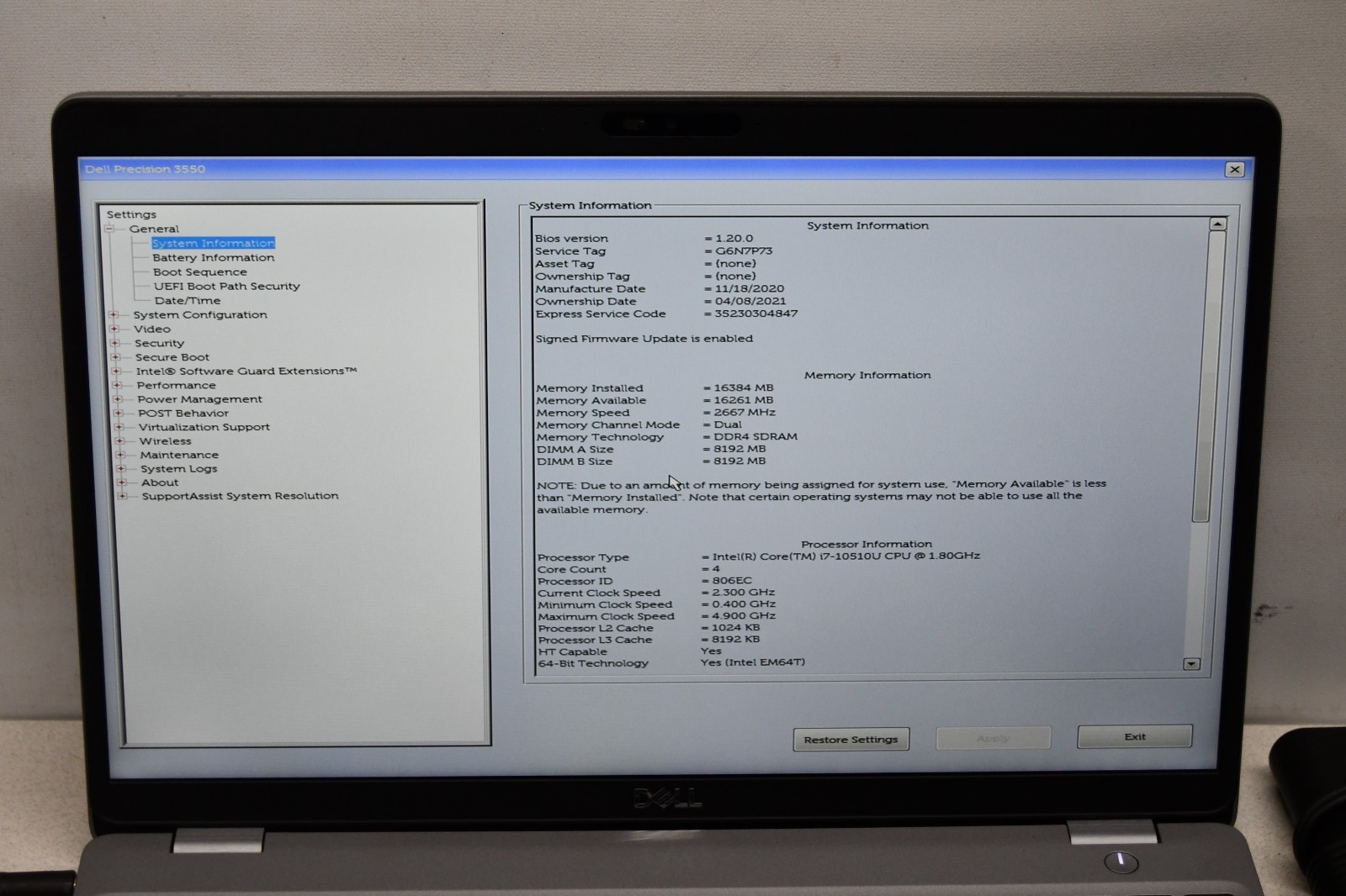 ^ Dell Precision 3550 15.6″ Intel i7-10510U @ 1.80GHz 16GB Ram No HD #X7003