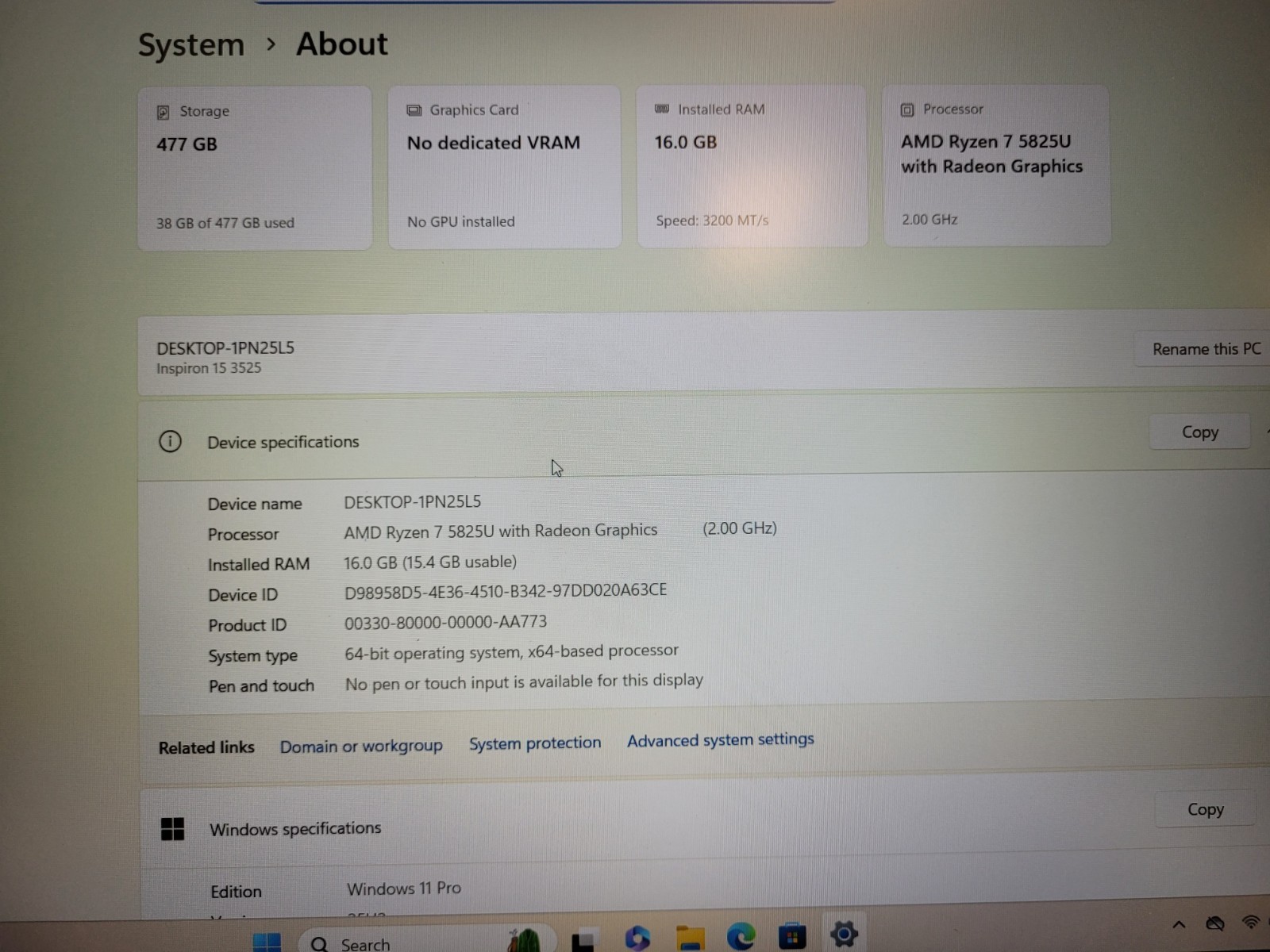 Dell inspiron 15 3525 Ryzen7 5825u 2000ghz 16gb ram 512gb ssd Charger 7XY7DF3