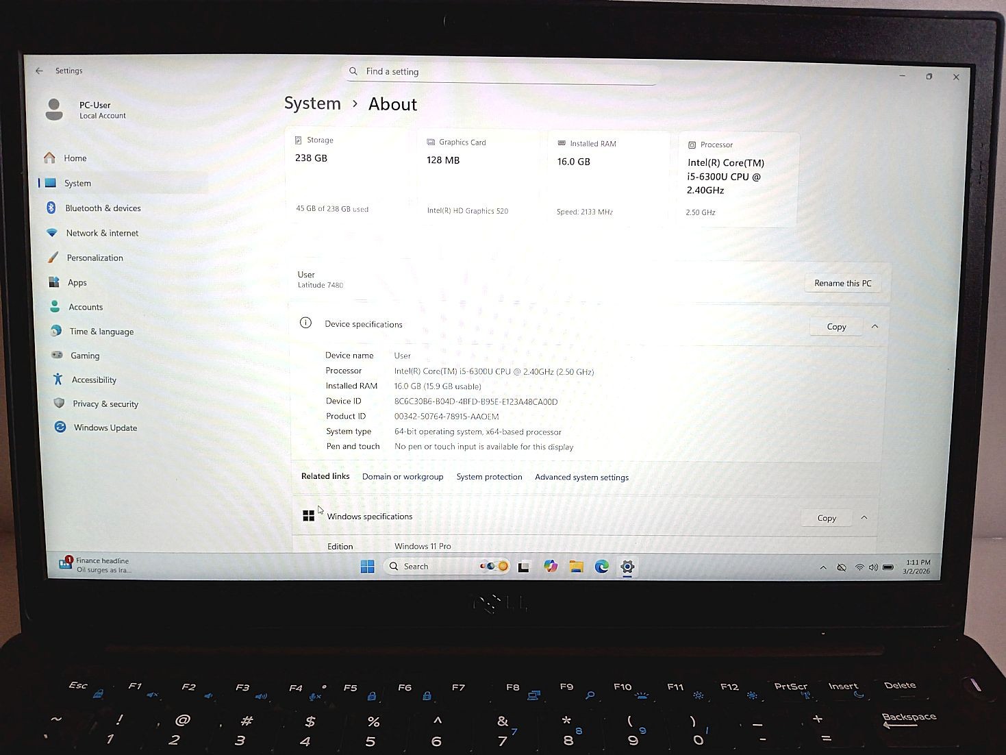 DELL Latitude E7450 Win11 14″ CPU i5-6300u 2.4Ghz 16Gb 256Gb SSD +AC-Free Ship
