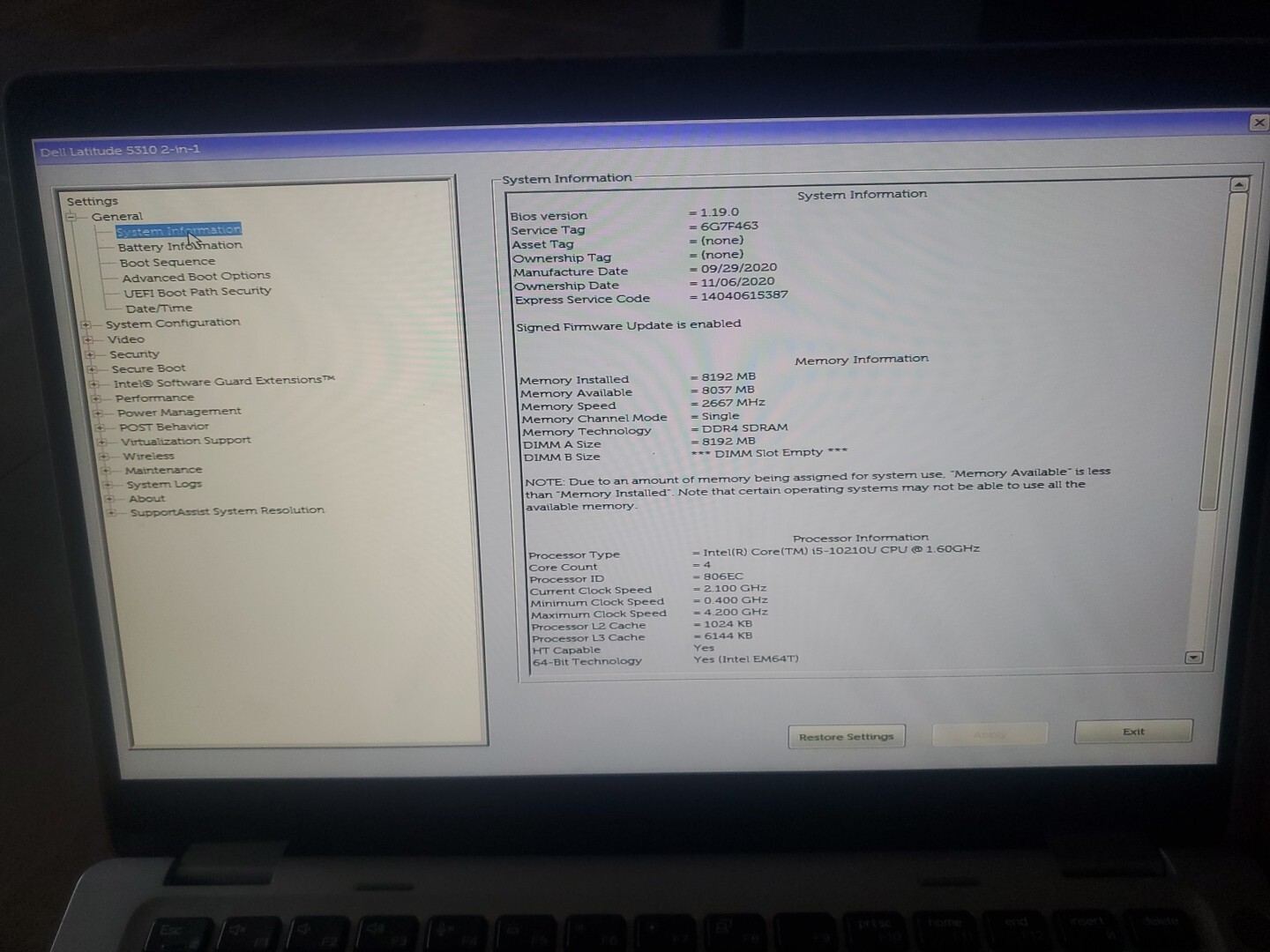 Dell 5310 13in i5-10310U 8GB 240GB. Touchscreen